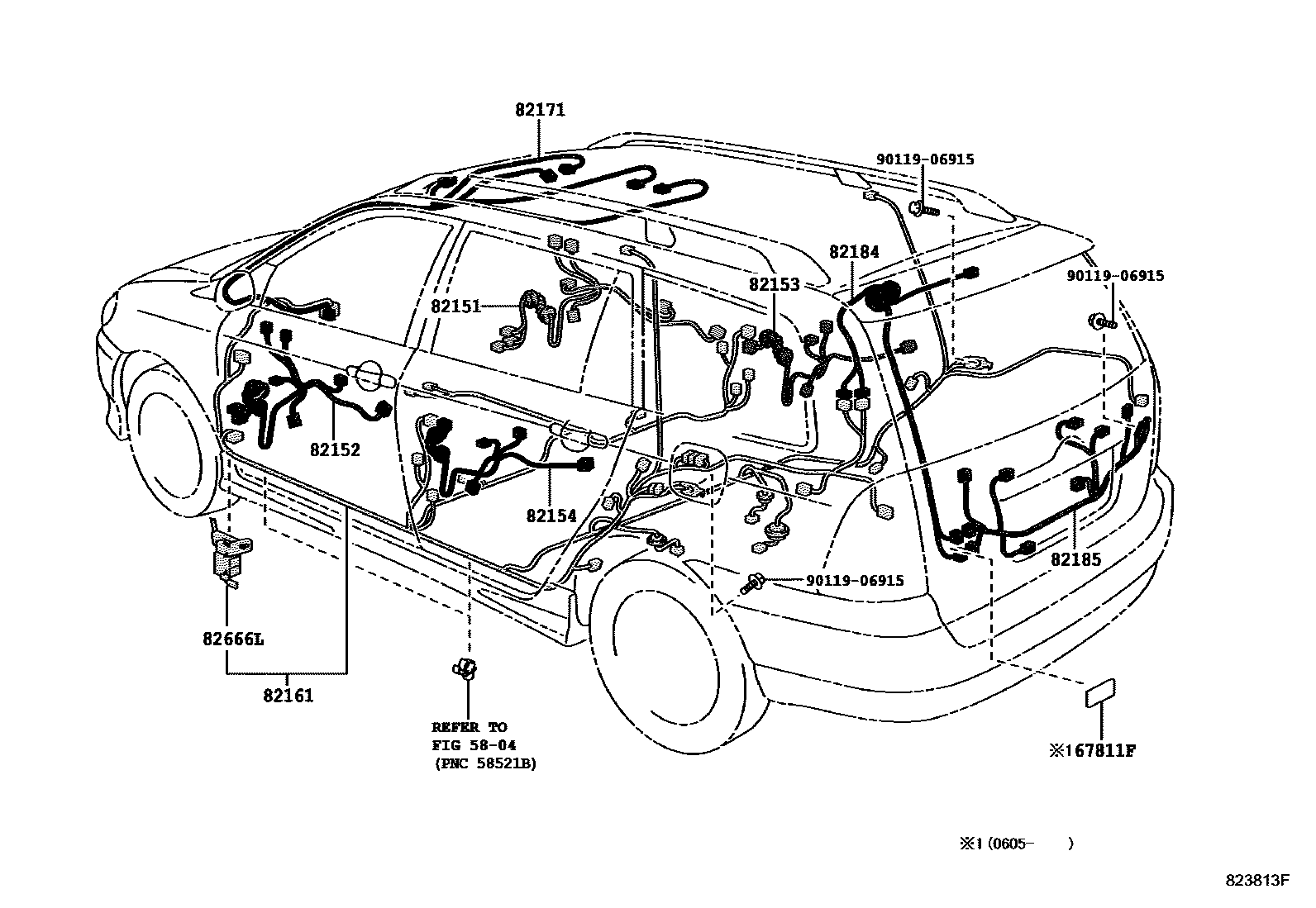 Toyota COROLLA 线束和卡夹 EPC diagram — 823813F