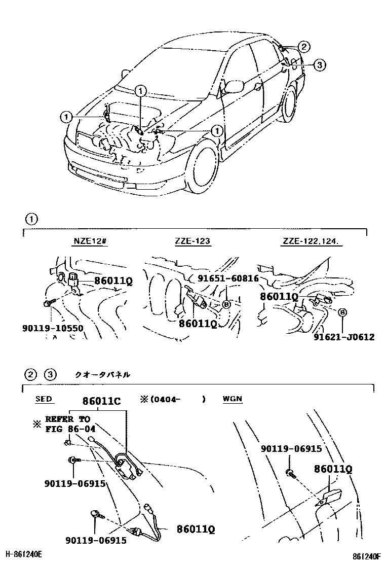 Toyota COROLLA 收音机、放大器和冷凝器 EPC diagram — 861240F