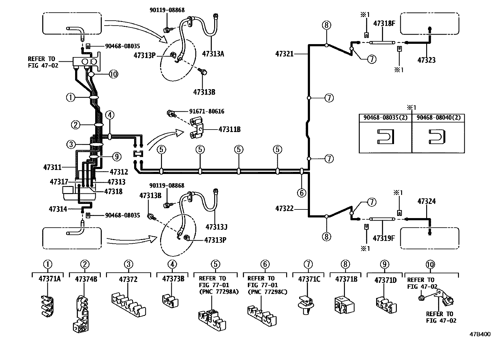 Toyota COROLLA 制动配管和卡箍 EPC diagram — 47B400