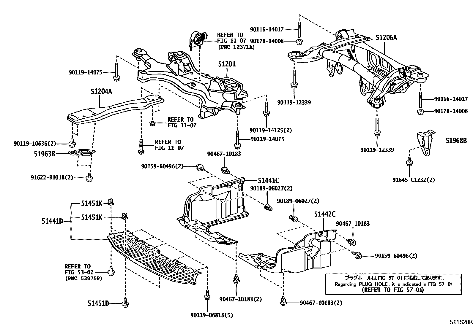 Toyota COROLLA 悬架横梁和发动机底罩 EPC diagram — 511528K
