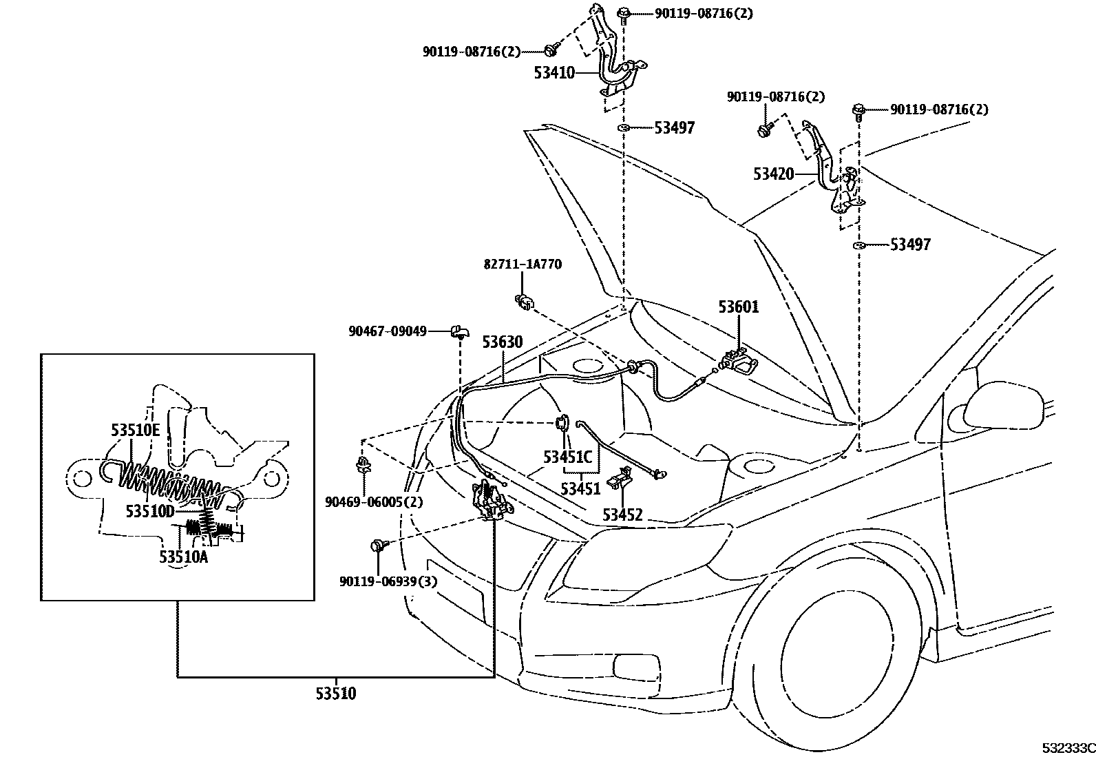 Toyota COROLLA 发动机盖锁和铰链 EPC diagram — 532333C