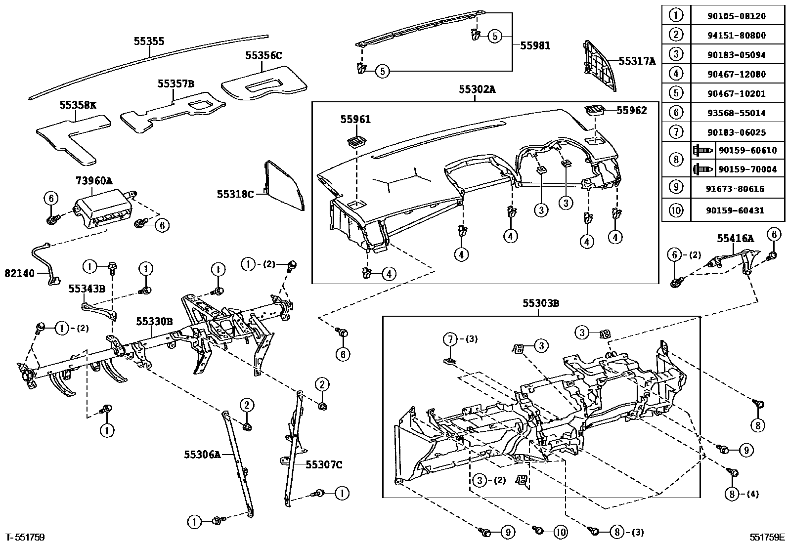 Toyota COROLLA 仪表板和手套箱 EPC diagram — 551759E