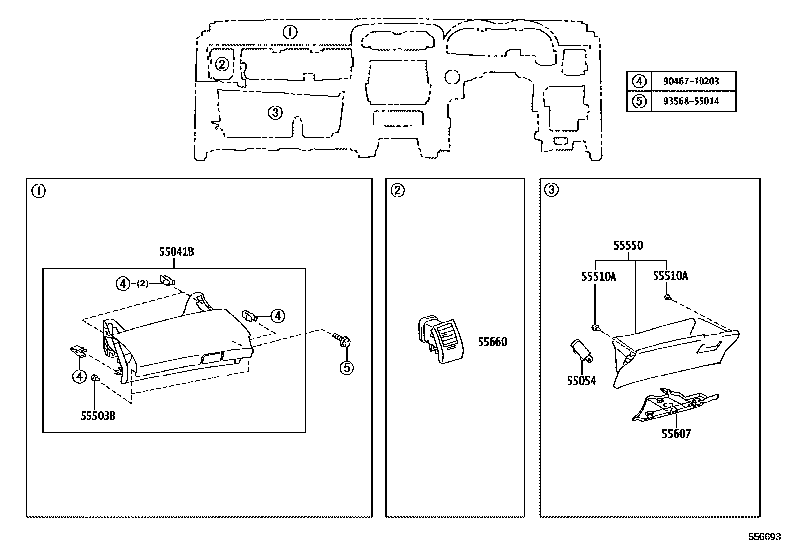 Toyota COROLLA 仪表板和手套箱 EPC diagram — 556693
