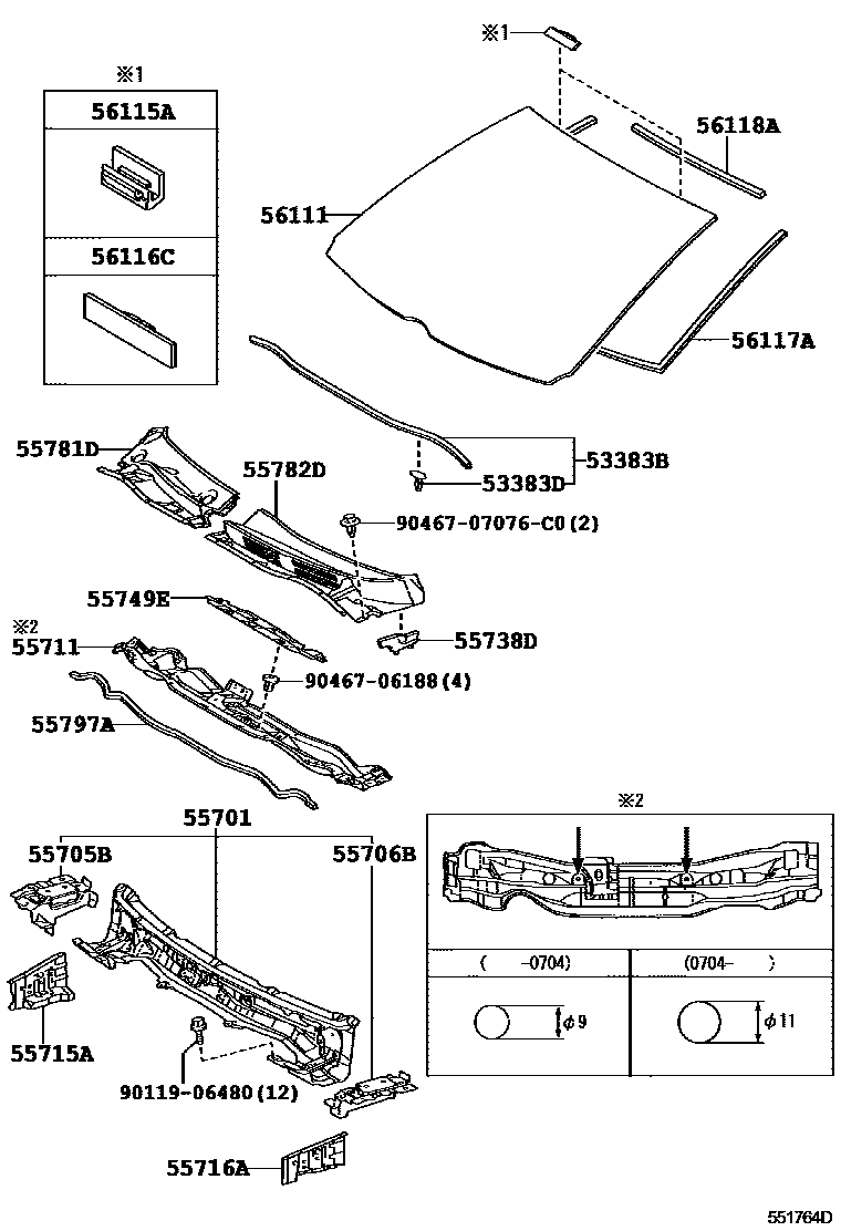 Toyota COROLLA 前围板和挡风玻璃 EPC diagram — 551764D