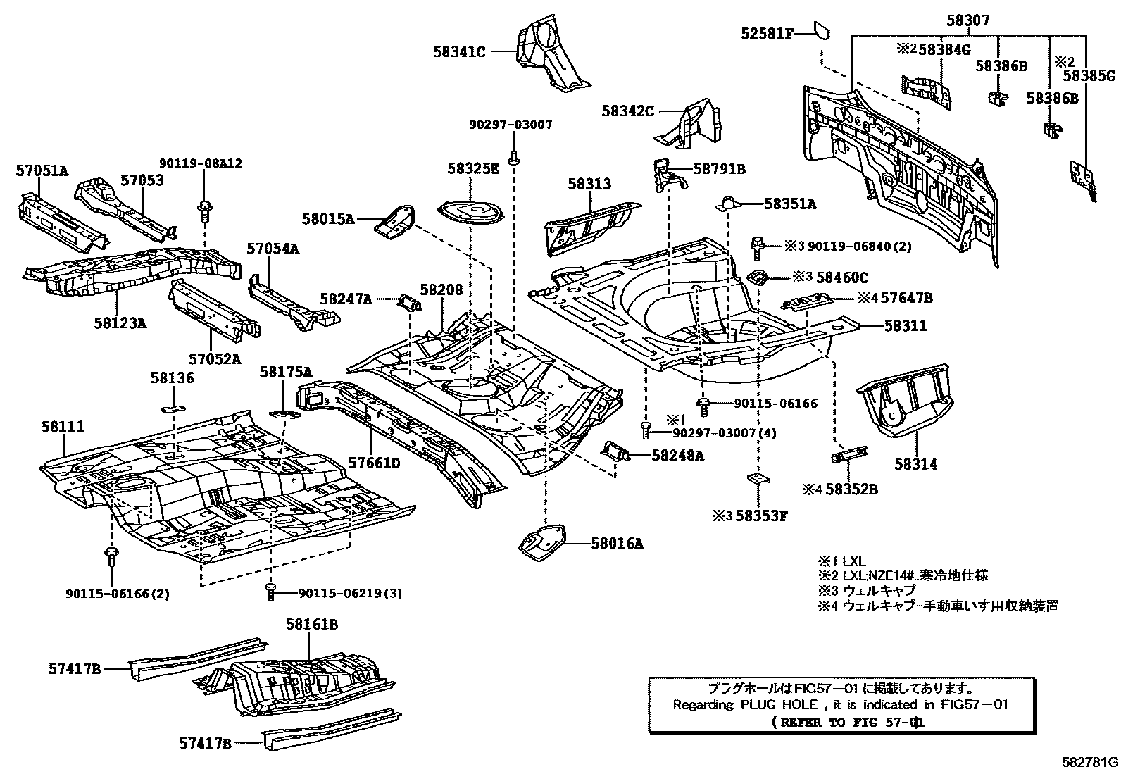 Toyota COROLLA 浅盘形地板和车身下背板 EPC diagram — 582781G