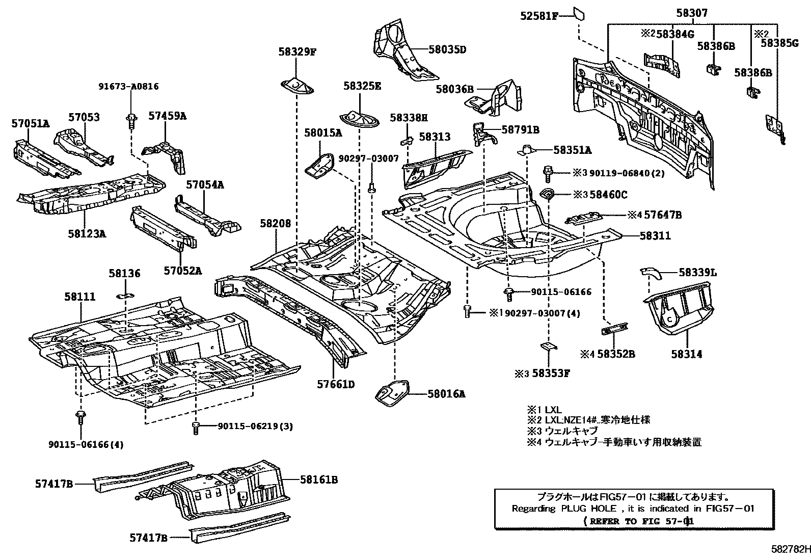 Toyota COROLLA 浅盘形地板和车身下背板 EPC diagram — 582782H