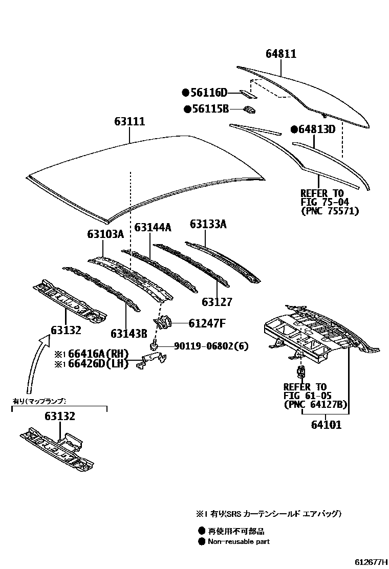 Toyota COROLLA 天窗板和背窗玻璃 EPC diagram — 612677H