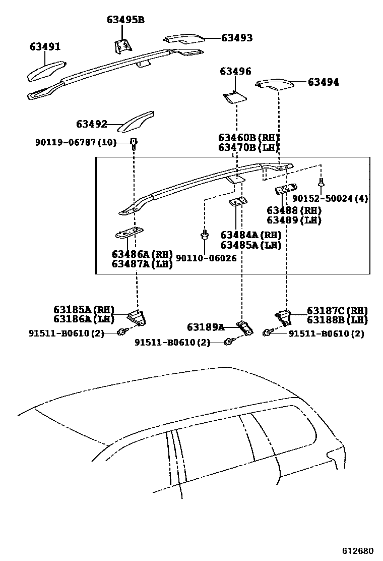 Toyota COROLLA 天窗板和背窗玻璃 EPC diagram — 612680