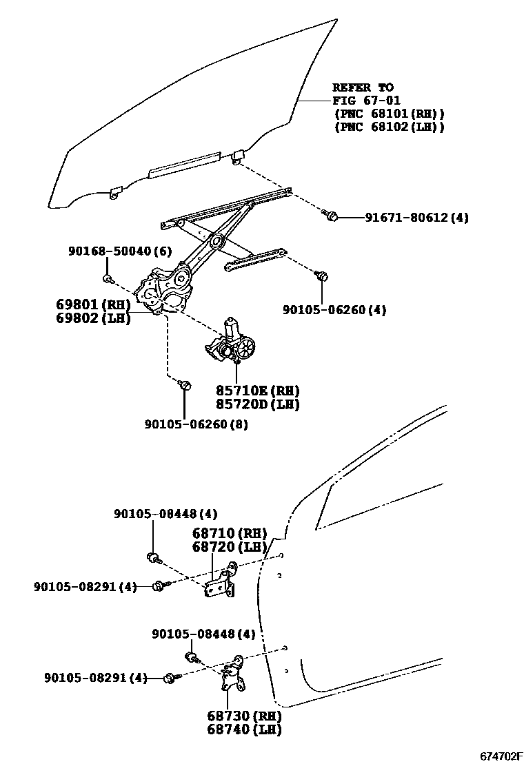 Toyota COROLLA 前门车窗升降器和合页 EPC diagram — 674702F