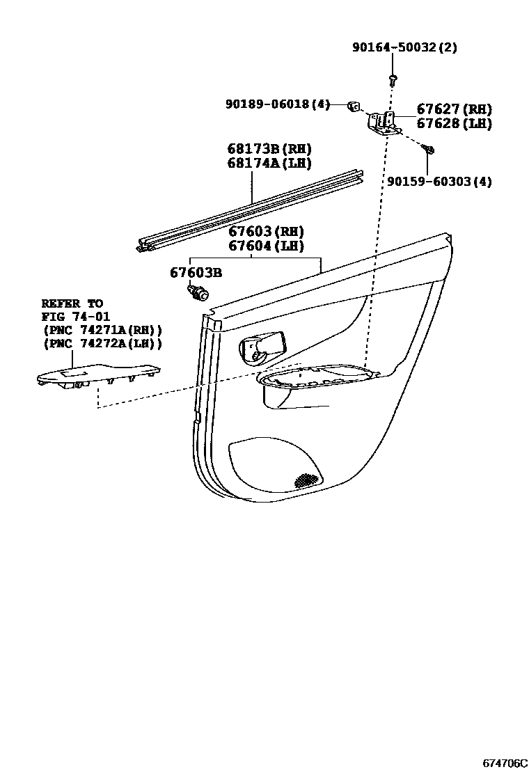 Toyota COROLLA 后门板和后门玻璃 EPC diagram — 674706C