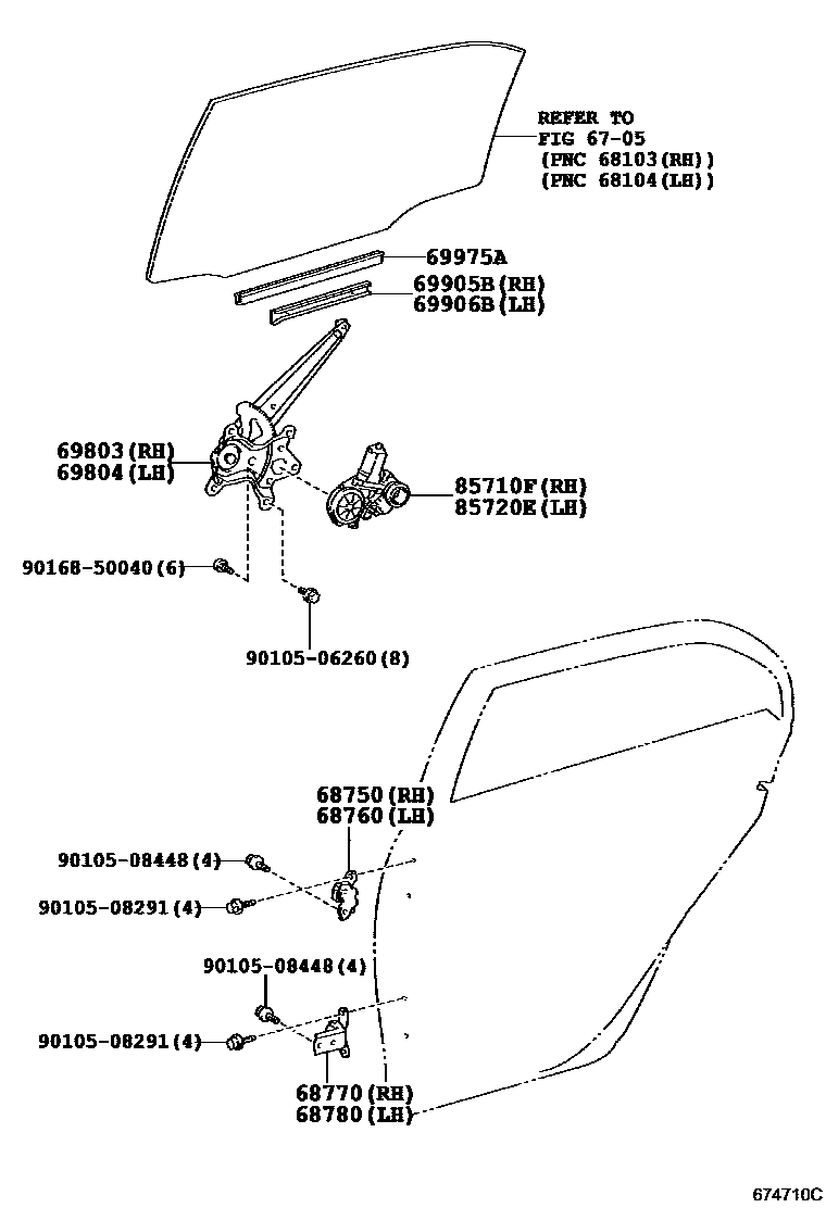 Toyota COROLLA 后门车窗升降器和合页 EPC diagram — 674710C
