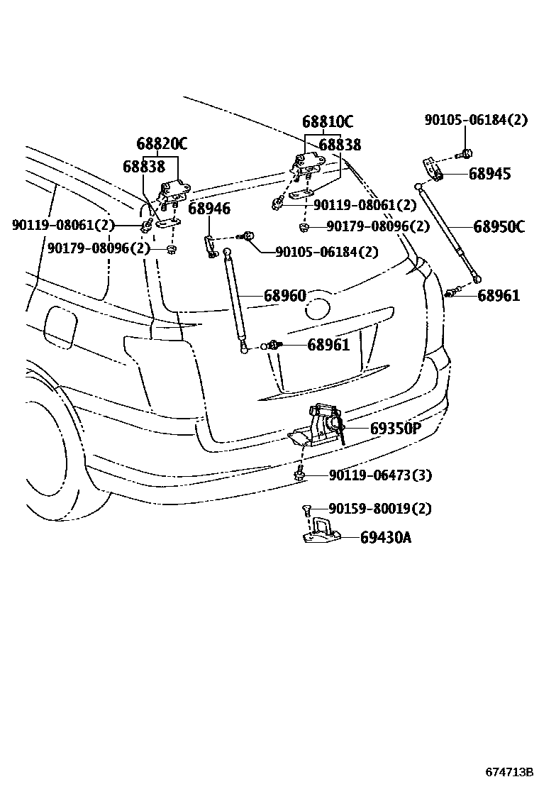 Toyota COROLLA 背门锁和背门把手 EPC diagram — 674713B