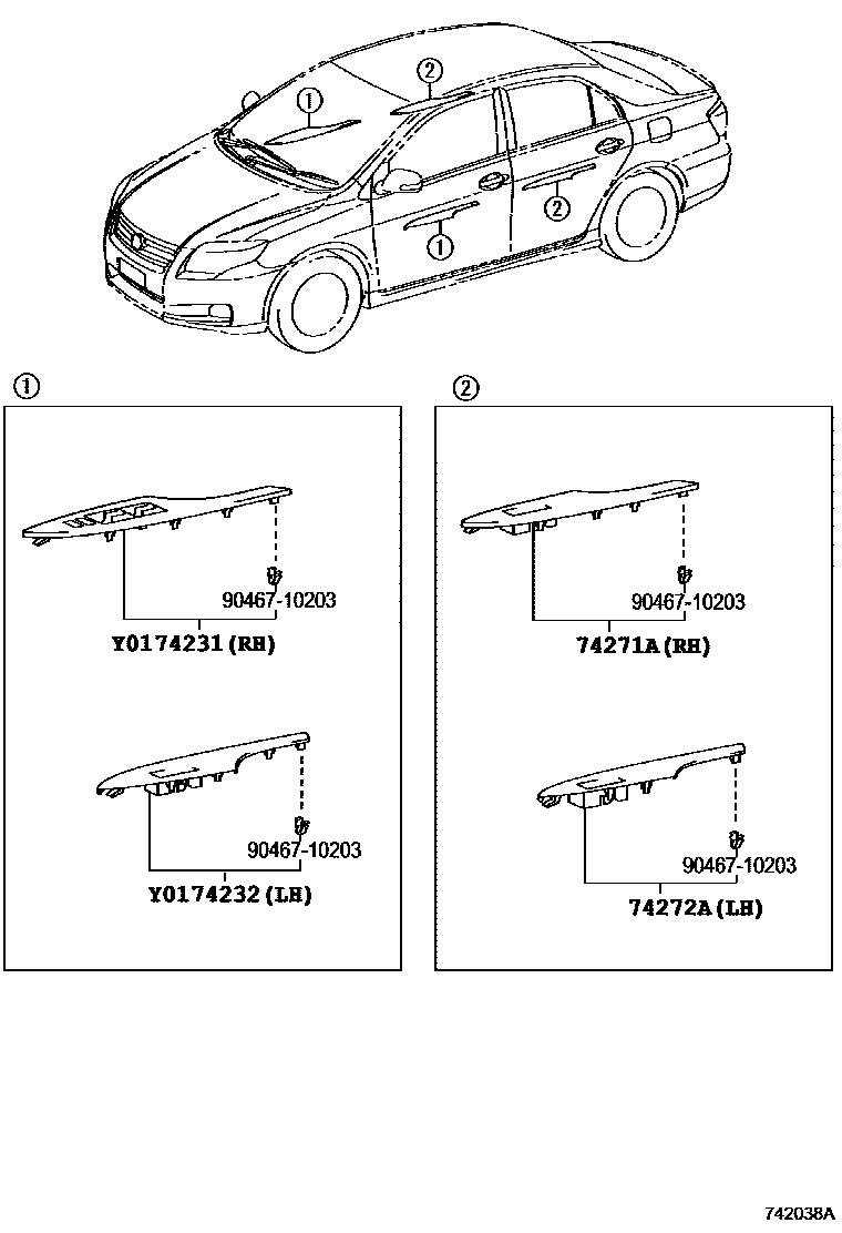 Toyota COROLLA 扶手和遮阳板 EPC diagram — 742038A