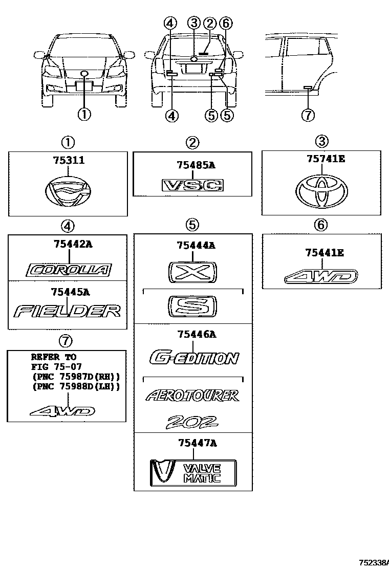 Toyota COROLLA 丰田徽标和铭牌(车外和车内) EPC diagram — 752338A