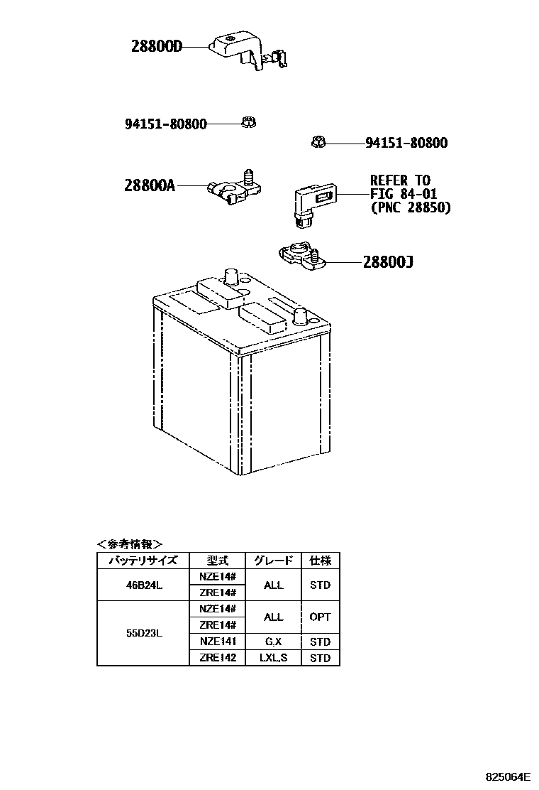 Toyota COROLLA 蓄电池和蓄电池电缆 EPC diagram — 825064E