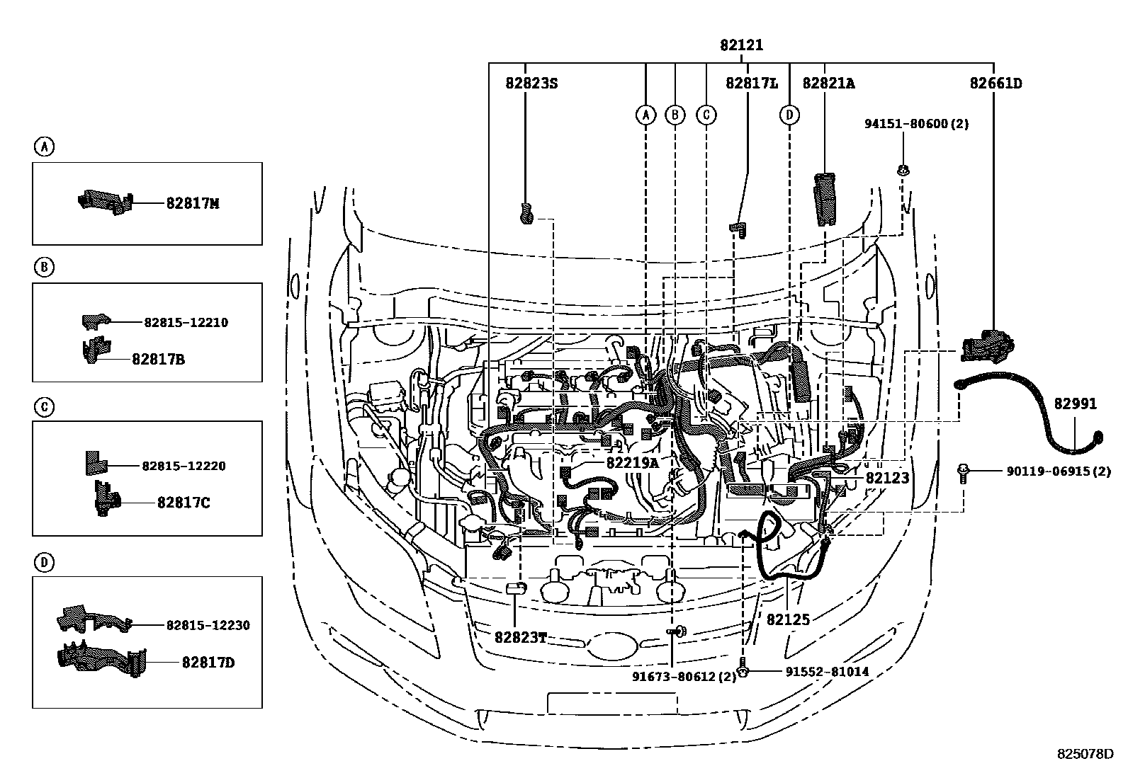 Toyota COROLLA 线束和卡夹 EPC diagram — 825078D