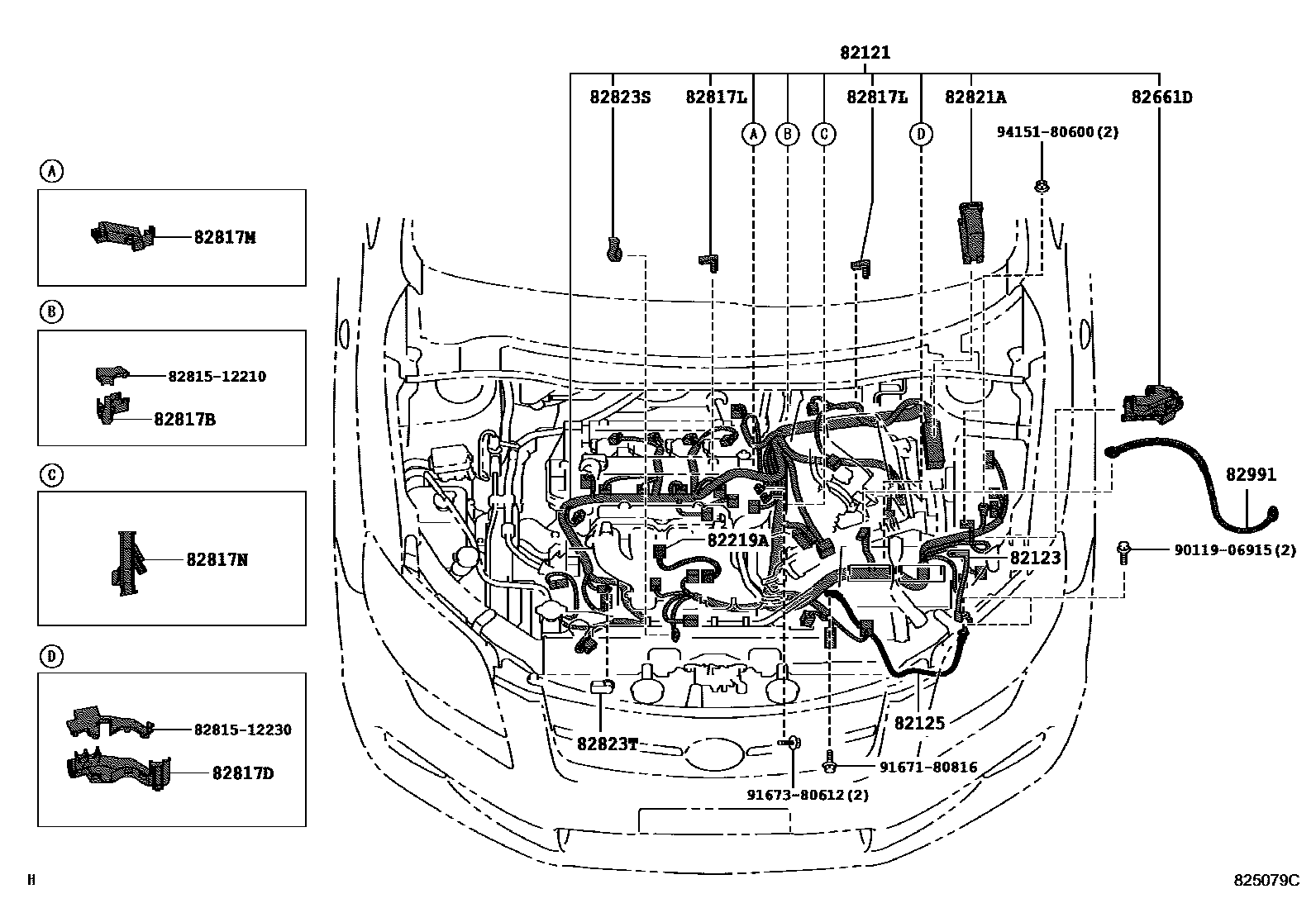Toyota COROLLA 线束和卡夹 EPC diagram — 825079C