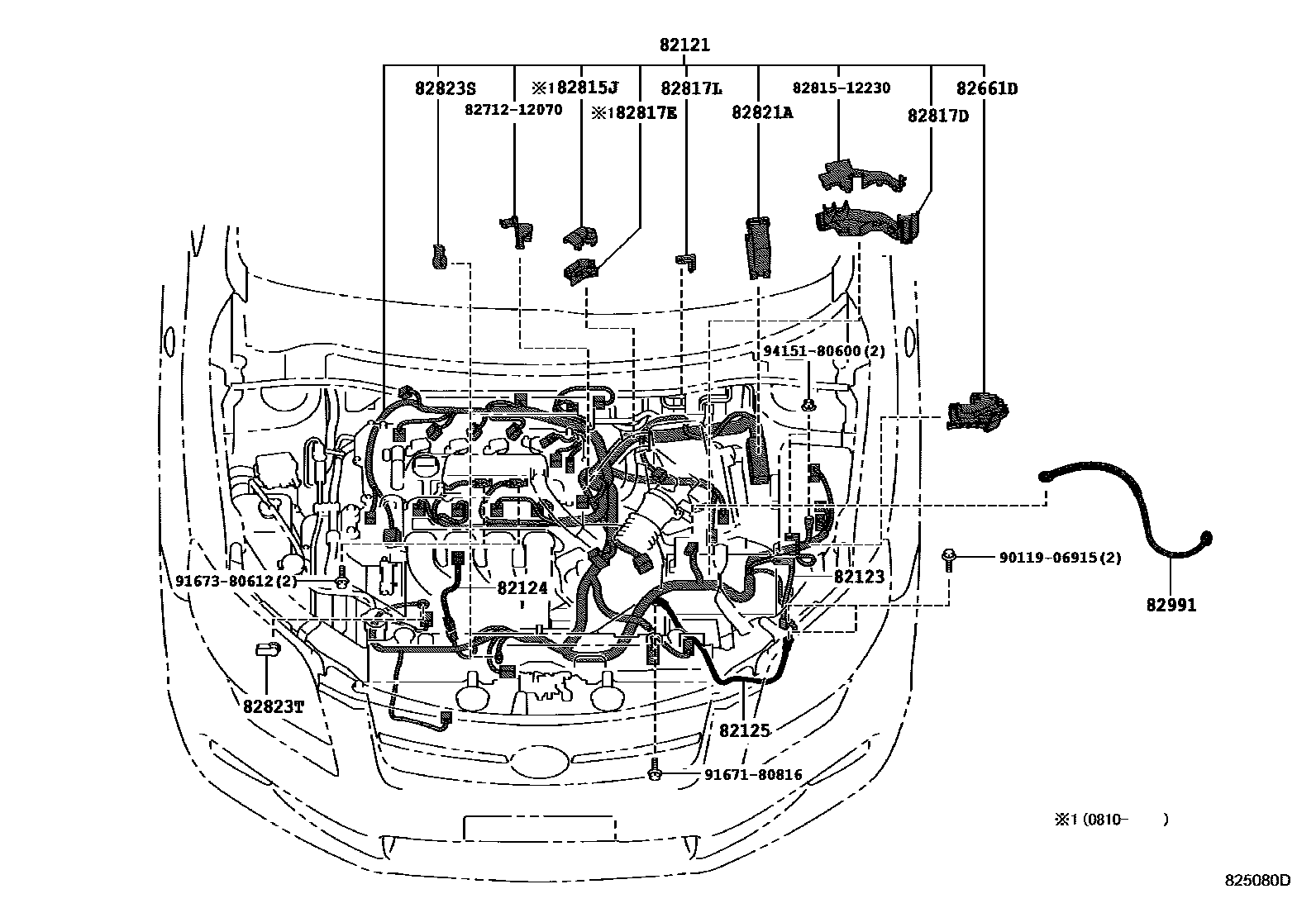 Toyota COROLLA 线束和卡夹 EPC diagram — 825080D