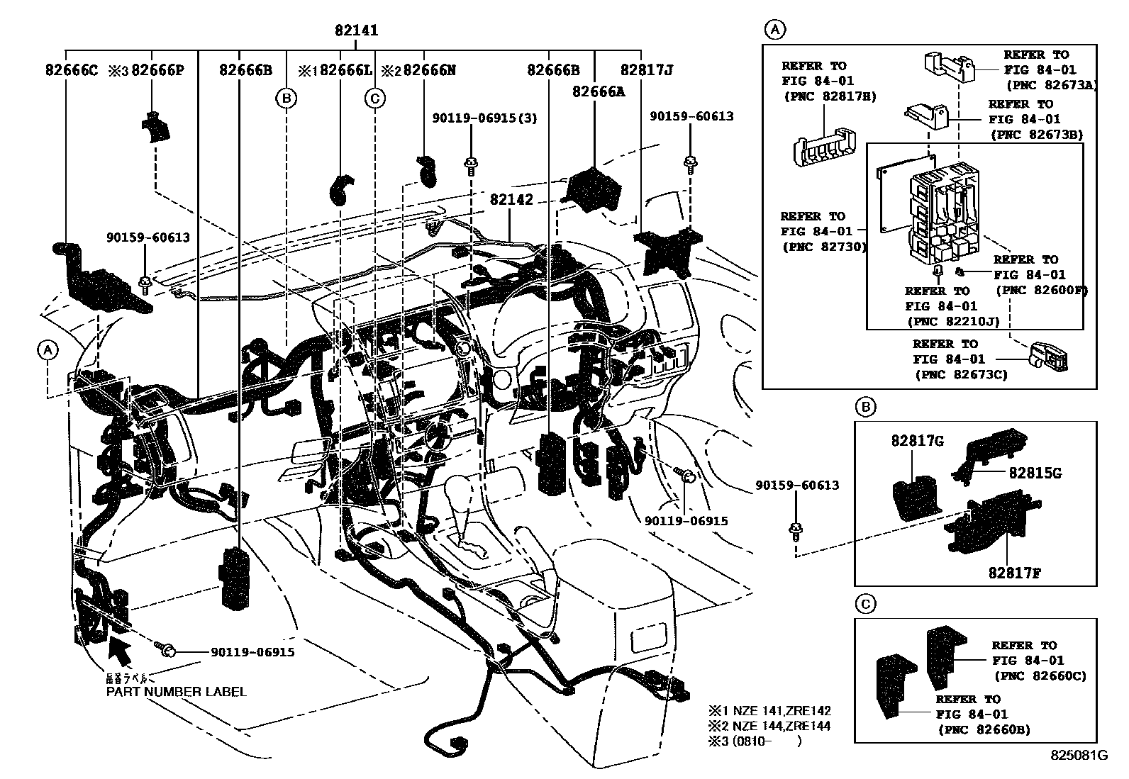 Toyota COROLLA 线束和卡夹 EPC diagram — 825081G