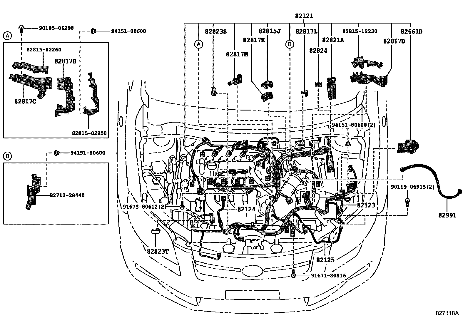 Toyota COROLLA 线束和卡夹 EPC diagram — 827118A