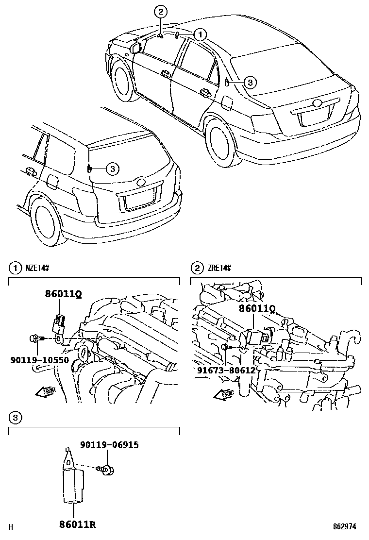 Toyota COROLLA 收音机、放大器和冷凝器 EPC diagram — 862974