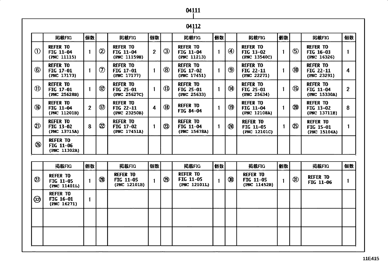Toyota COROLLA Engine Overhaul Gasket Kit EPC diagram — 11E415
