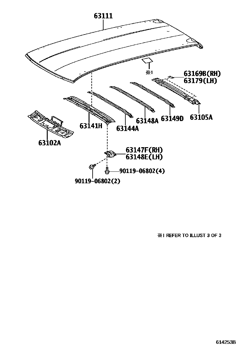 Toyota COROLLA 天窗板和背窗玻璃 EPC diagram — 614253B