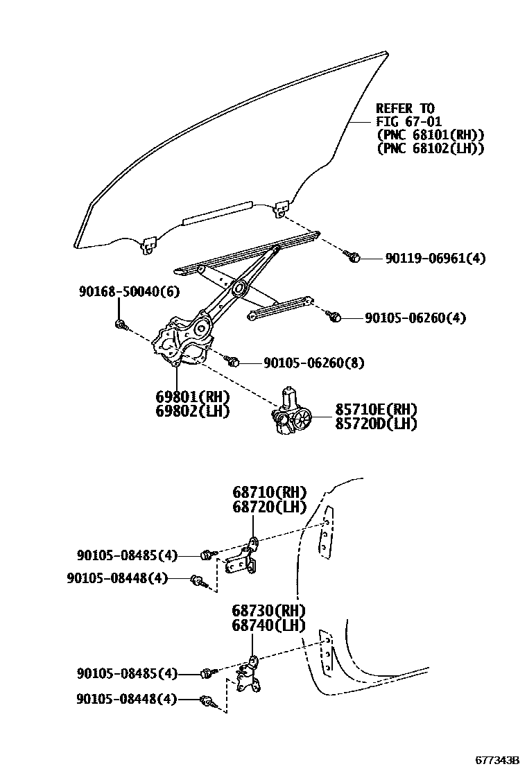 Toyota COROLLA 前门车窗升降器和合页 EPC diagram — 677343B