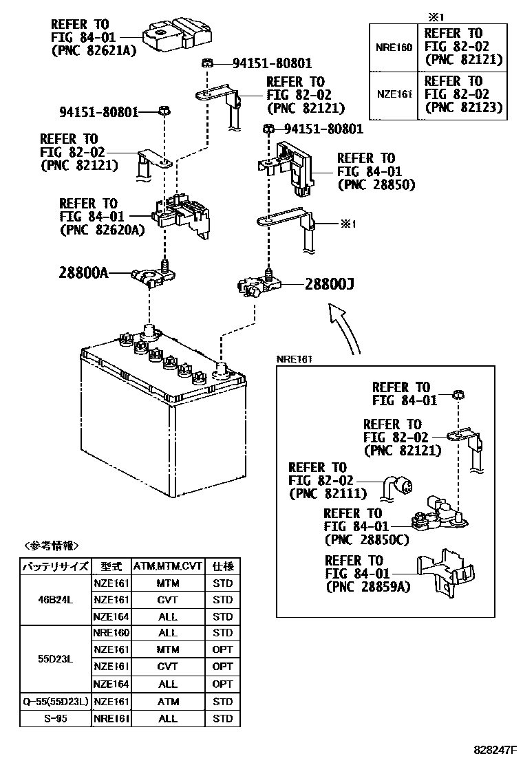 Toyota COROLLA 蓄电池和蓄电池电缆 EPC diagram — 828247F