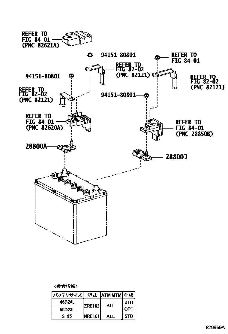 Toyota COROLLA 蓄电池和蓄电池电缆 EPC diagram — 829969A