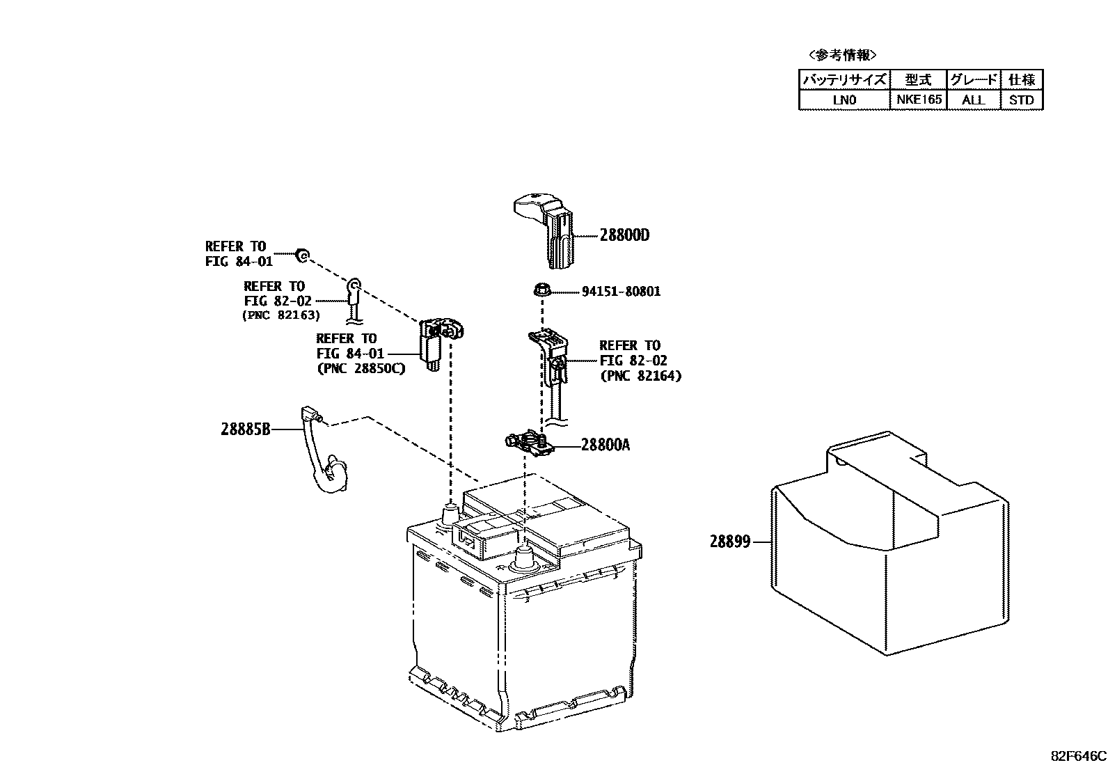 Toyota COROLLA 蓄电池和蓄电池电缆 EPC diagram — 82F646C