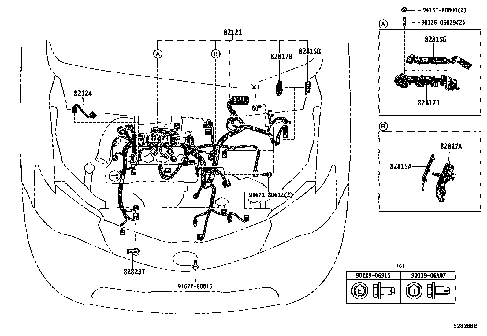 Toyota COROLLA 线束和卡夹 EPC diagram — 828268B