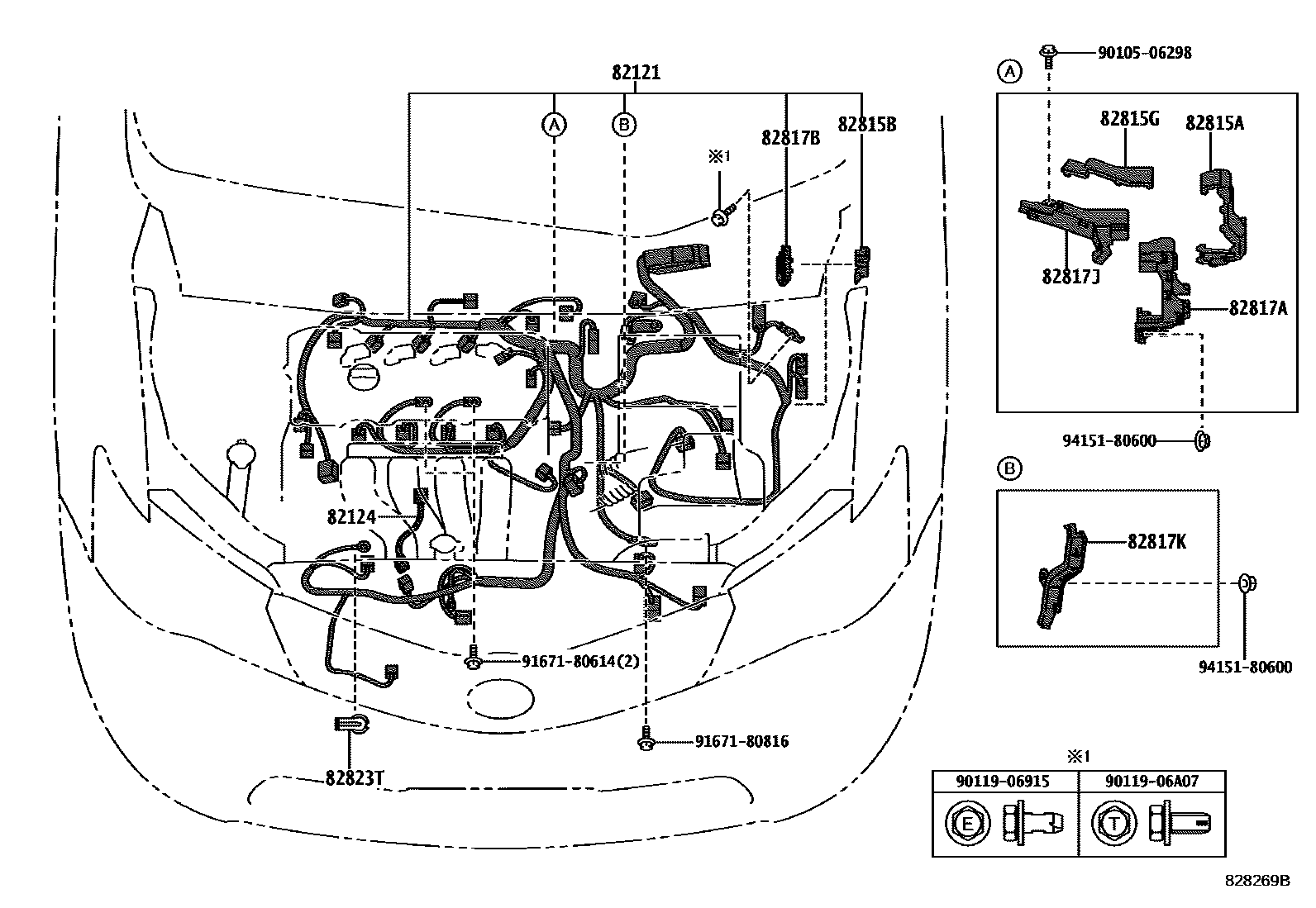 Toyota COROLLA 线束和卡夹 EPC diagram — 828269B