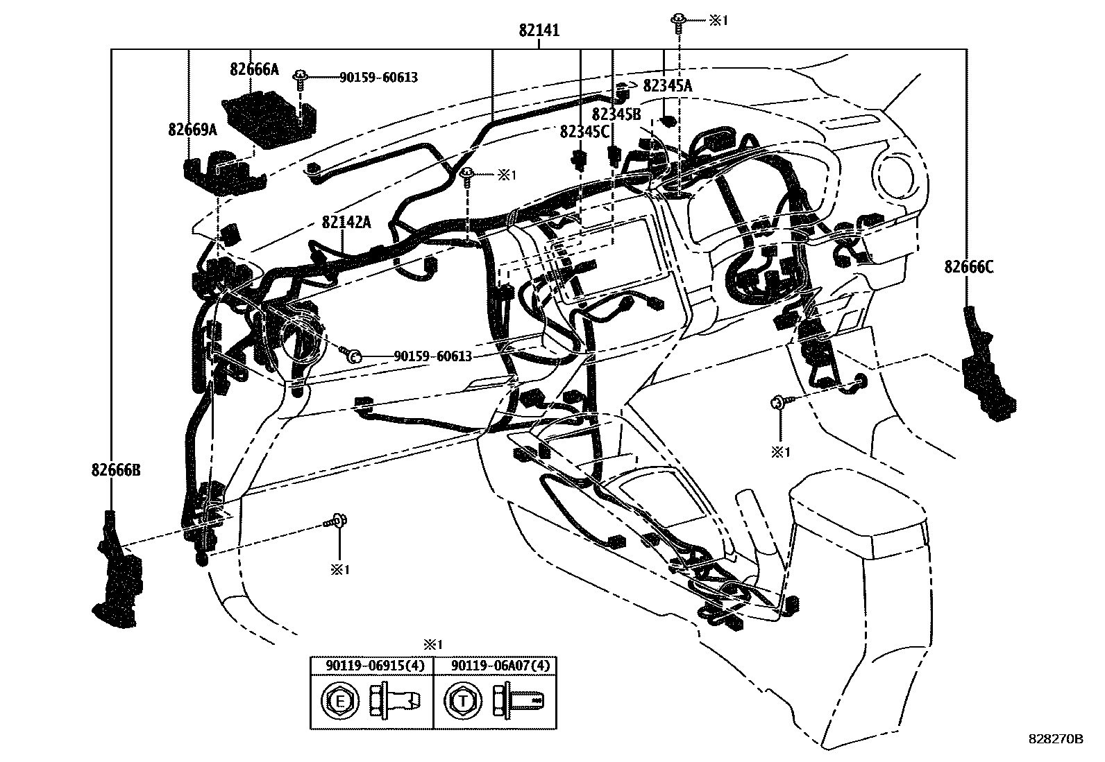 Toyota COROLLA 线束和卡夹 EPC diagram — 828270B