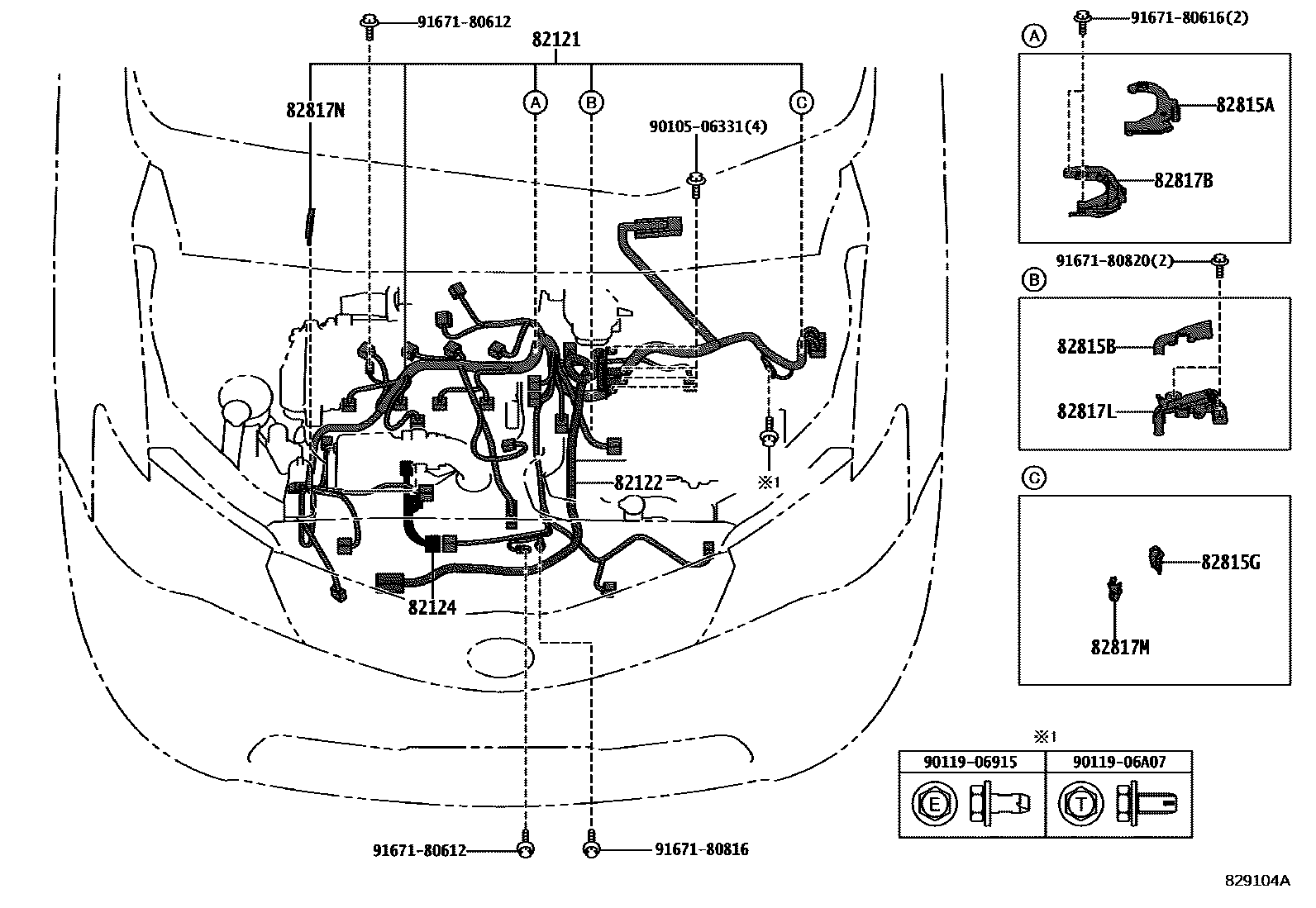 Toyota COROLLA 线束和卡夹 EPC diagram — 829104A