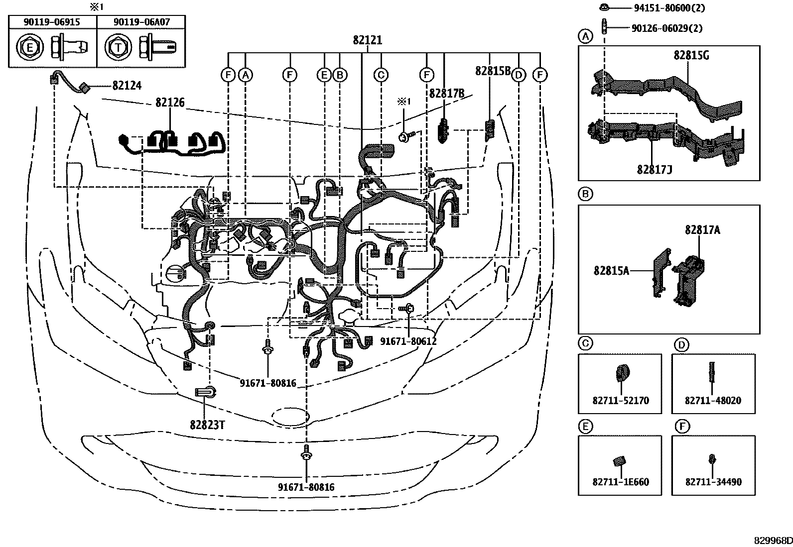 Toyota COROLLA 线束和卡夹 EPC diagram — 829968D