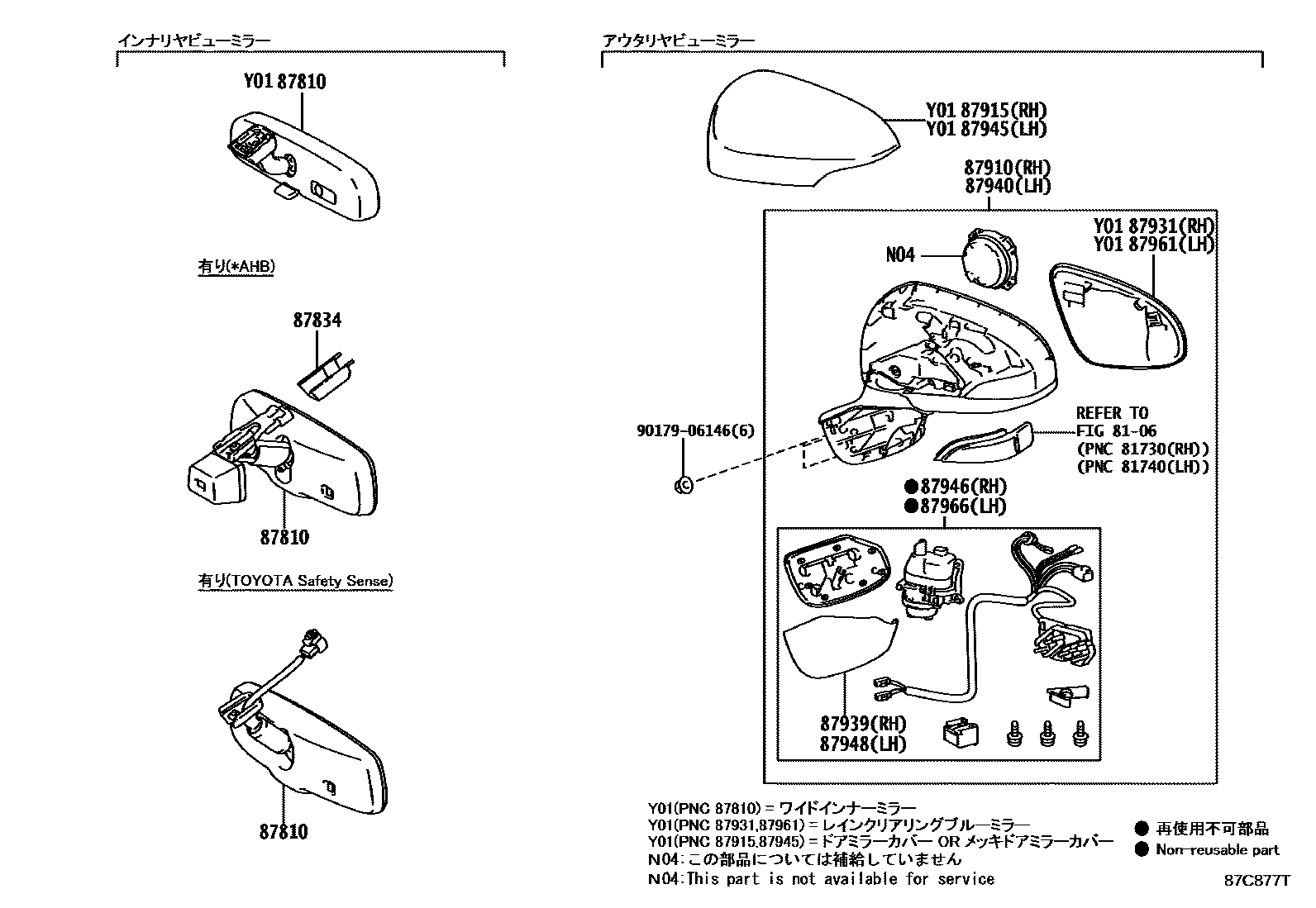 Toyota COROLLA 后视镜 EPC diagram — 87C877T