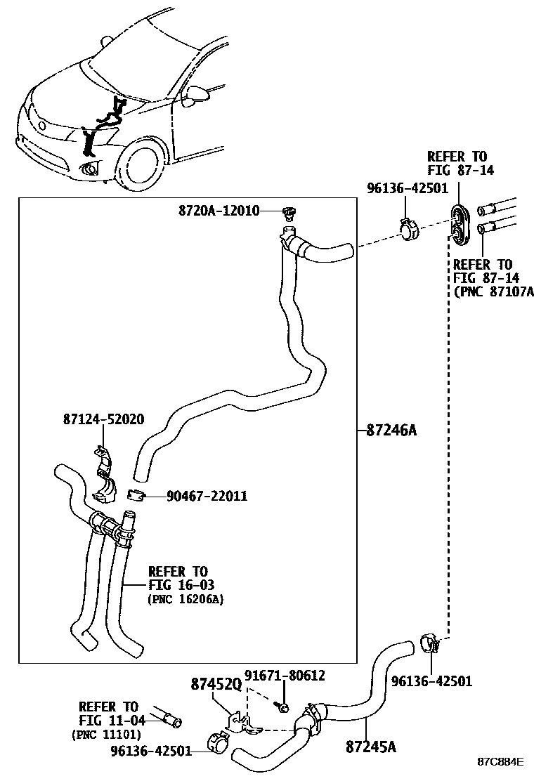 Toyota COROLLA 暖风和空调系统 - 水管 EPC diagram — 87C884E