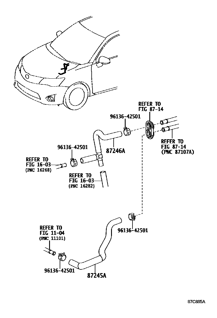 Toyota COROLLA 暖风和空调系统 - 水管 EPC diagram — 87C885A