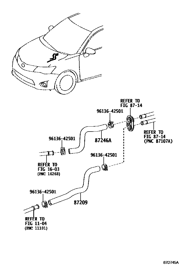 Toyota COROLLA 暖风和空调系统 - 水管 EPC diagram — 87D745A