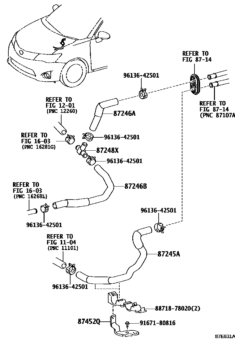 Toyota COROLLA 暖风和空调系统 - 水管 EPC diagram — 87E831A