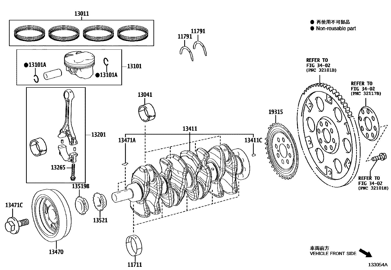 Toyota COROLLA Crankshaft & Piston EPC diagram — 133054A