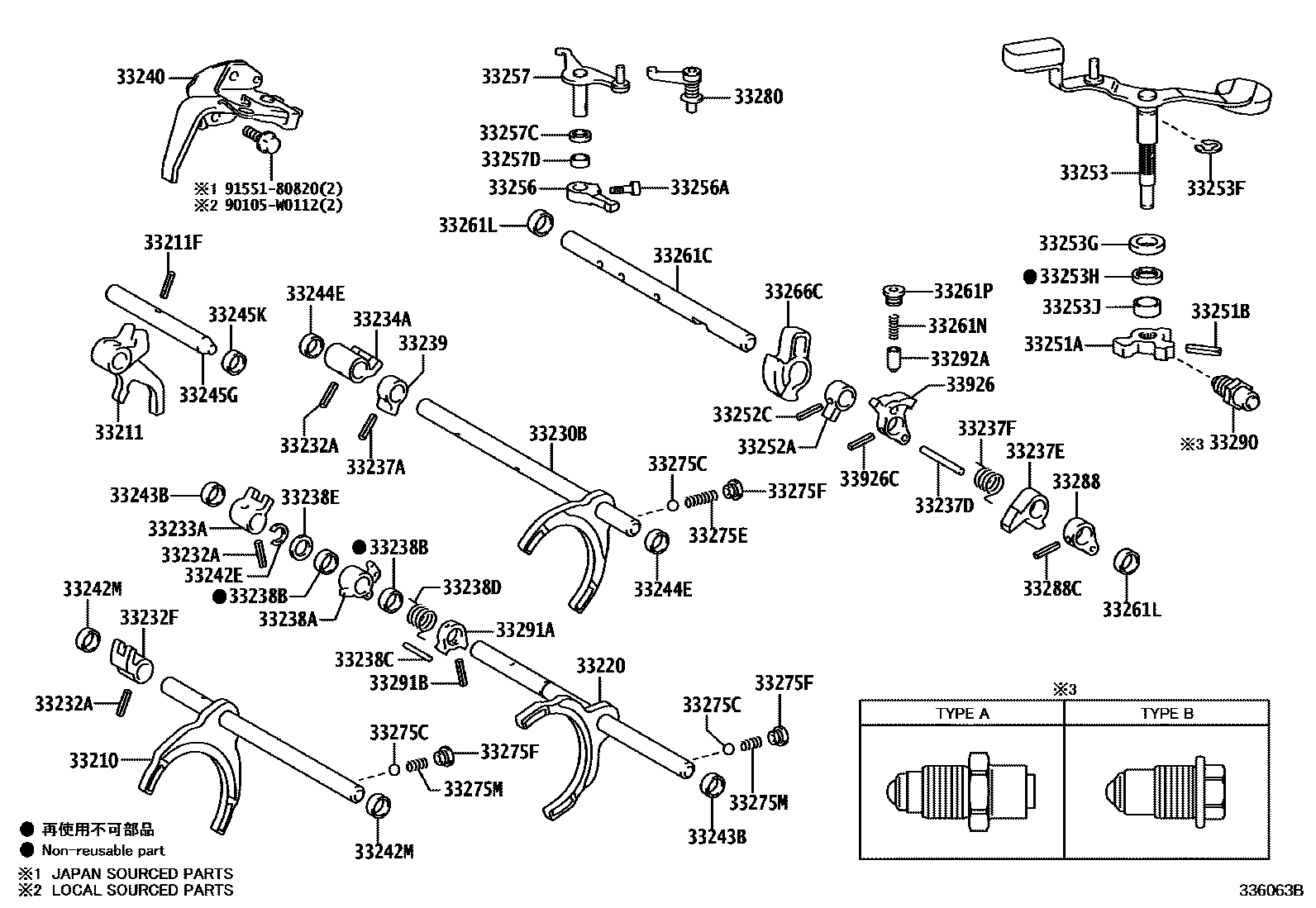 Toyota COROLLA 换档拨叉和换档杆轴(MTM) EPC diagram — 336063B