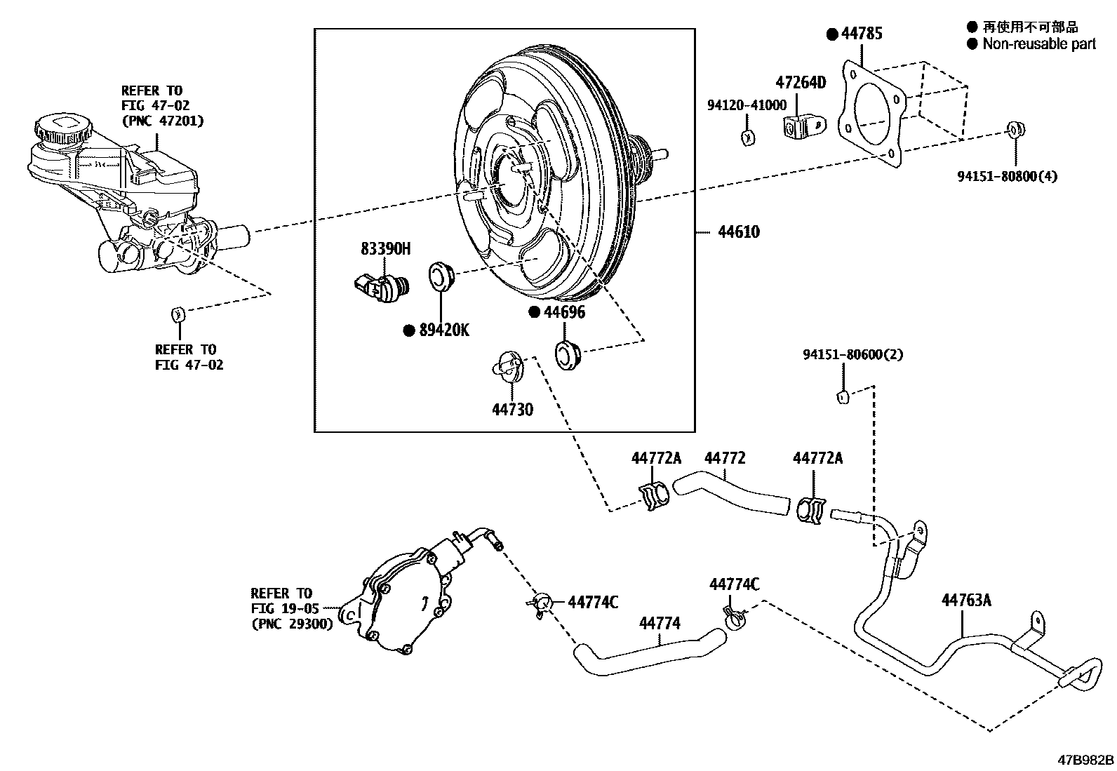 Toyota COROLLA 制动助力器和真空管 EPC diagram — 47B982B