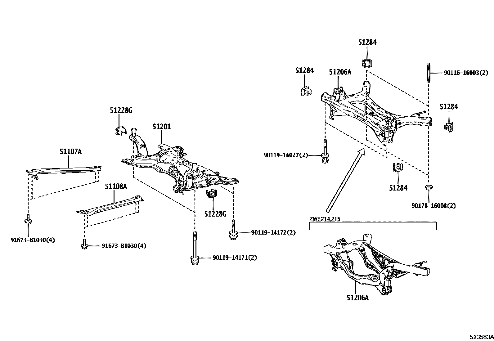 Toyota COROLLA 悬架横梁和发动机底罩 EPC diagram — 513583A