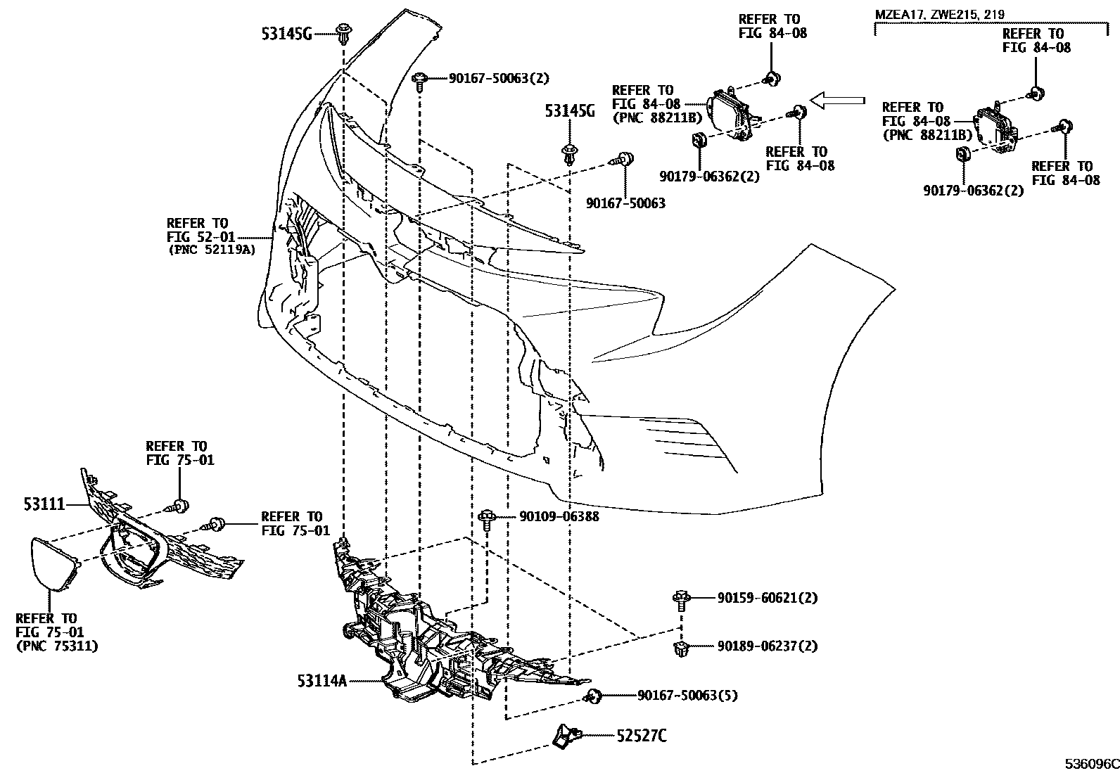 Toyota COROLLA radiator grille EPC diagram — 536096C