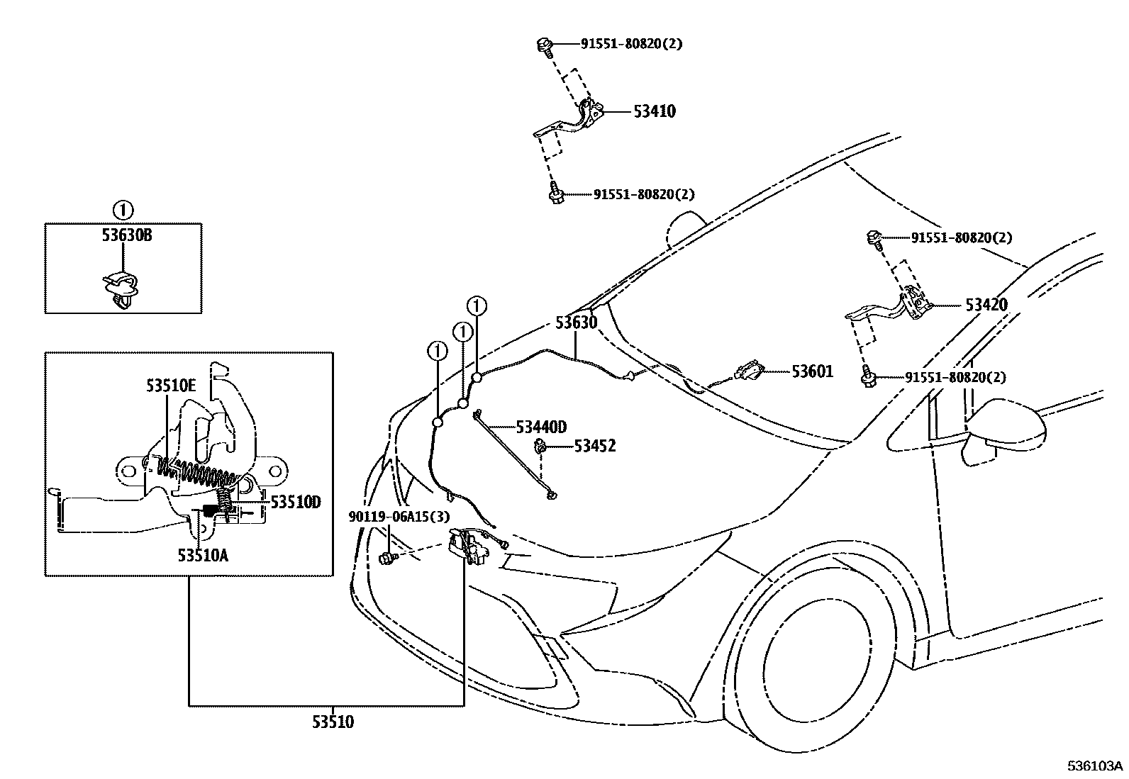 Toyota COROLLA 发动机盖锁和铰链 EPC diagram — 536103A