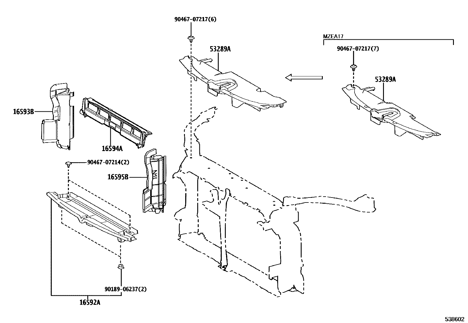 Toyota COROLLA 前翼子板挡泥板和前围板 EPC diagram — 538602