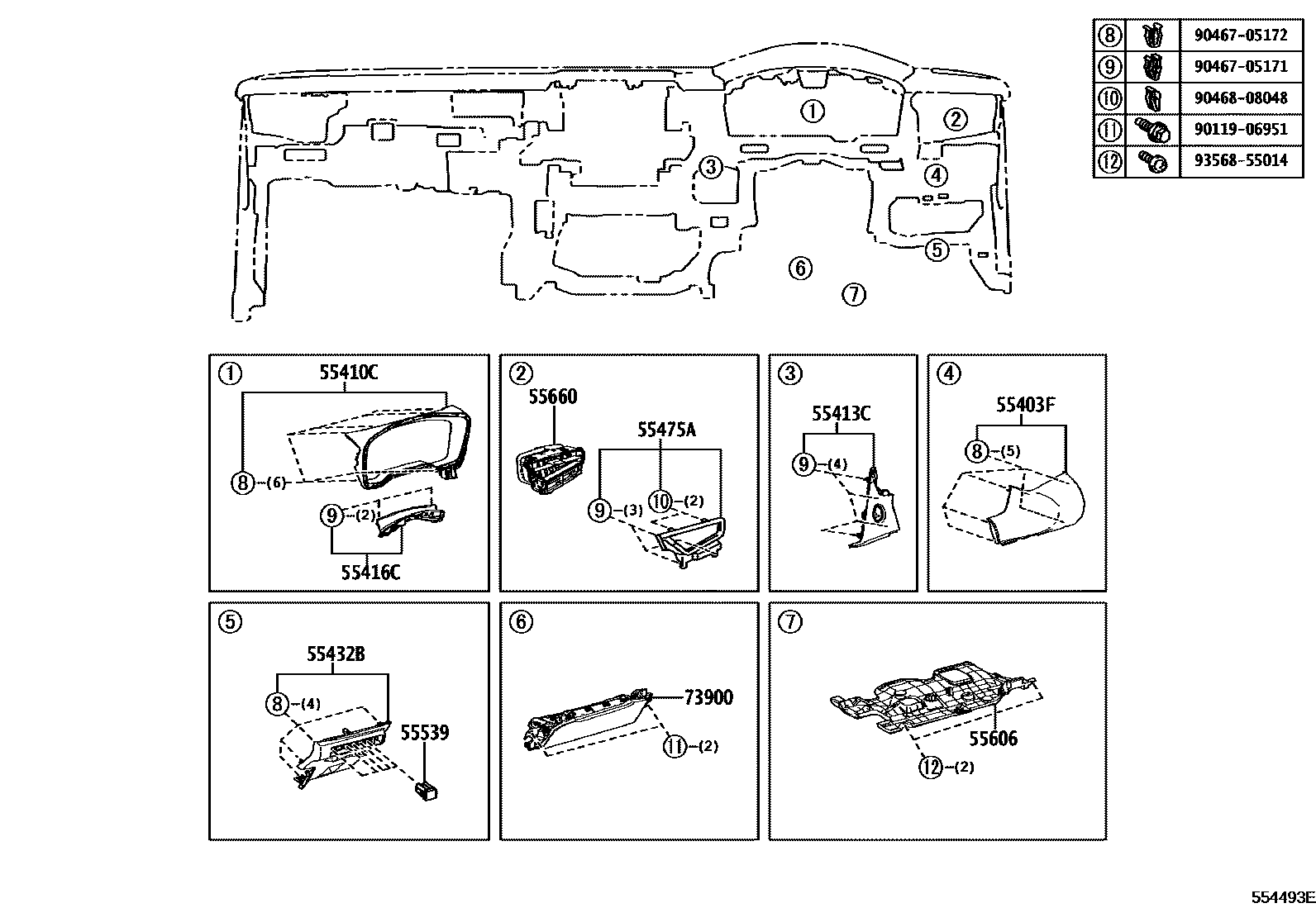 Toyota COROLLA 仪表板和手套箱 EPC diagram — 554493E