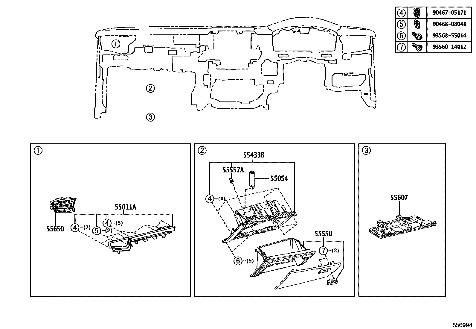 Toyota COROLLA 仪表板和手套箱 EPC diagram — 556994